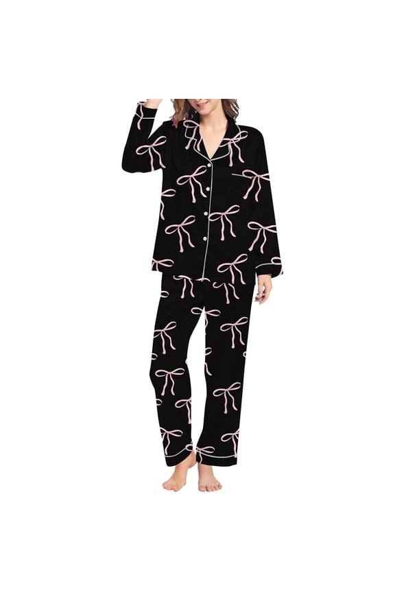 Valentines Pajamas For Women Set Casual Loose Cozy Cardigan Bow Print Winter Collar Long Sleeve Button Up Sleepwear Soft 2 Piece Outfits Loungewear Sets Black S