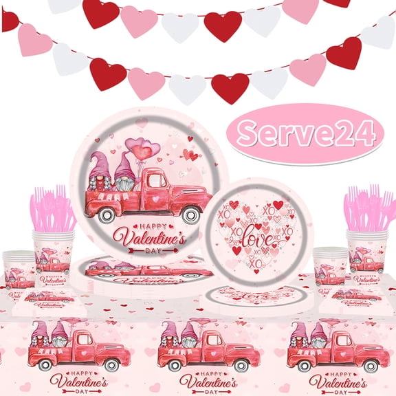 Valentine Tableware Valentines Party Supplies Disposable Heart Party Plates Napkins Cups Banner Heart Decor for Romatic Night Design1 Serves 24