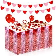 Valentines Party Decorations,2 Pack Red Pink Wavy Metallic Tinsel Foil Fringe Table Skirts 2 Heart Flag Banner ,2 Pack Red Pink Wavy Metallic Tinsel Foil Fringe Table Skirts 2 Heart Flag Banner