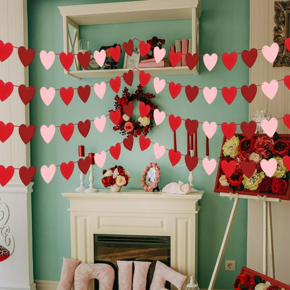 Valentines Party Decorations, Cloth Felt Heart Banner with 40 Hearts, Festive Wall Hanging for Classroom or Home, Cheerful Gift for Kids & Teens