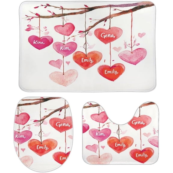 Valentines Personalized Hanging Hearts Bathroom Rugs and Mats Set 3 Piece Nonslip 20"x32" Valentines Day Bath Rugs and U-Shaped Contour Toilet Rug Bath Mats Shower Mats Bath Rug Mat