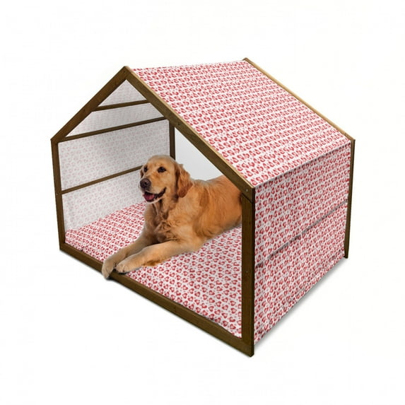 Valentines Pet House, Romantic Feelings Illustration with Hearts and Flowers Valentines Day, Outdoor & Indoor Portable Dog Kennel with Pillow and Cover, 5 Sizes, Dark Coral White, by Ambesonne