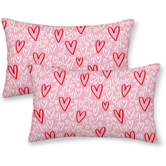 Valentines Pillow Covers 12x20 Pink Red White Love Heart Decor Throw Pillows Case for Couch Valentine''s Day Anniversary Indoor Outdoor Decorative Cushion Case for Sofa Bed Decorations Set of 2