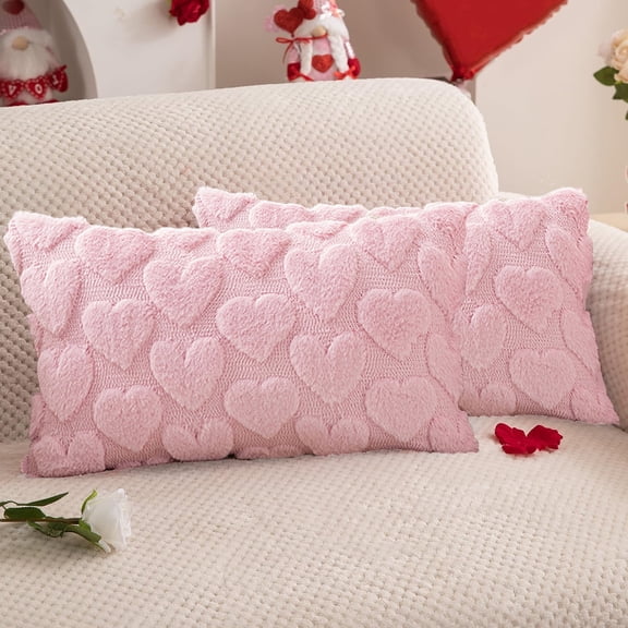 Valentines Pillow Covers 12x20 inch Set of 2 Valentines Day Decorations Soft Plush Faux Fur Love-Heart Jacquard Decorative Throw Pillows Case for Bedroom Sofa Holiday Festivals Home Decor, Pink
