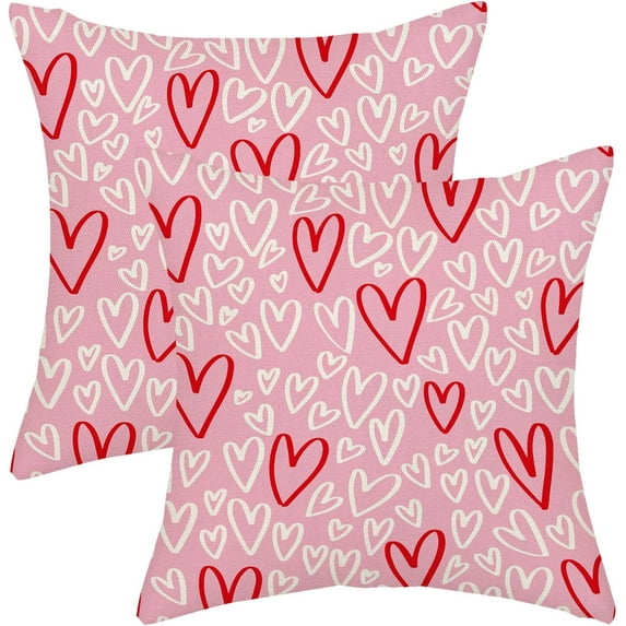 Valentines Pillow Covers 16x16 Pink Red White Love Heart Decor Throw Pillows Case for Couch Valentine''s Day Anniversary Indoor Outdoor Decorative Cushion Case for Sofa Bed Decorations Set of 2