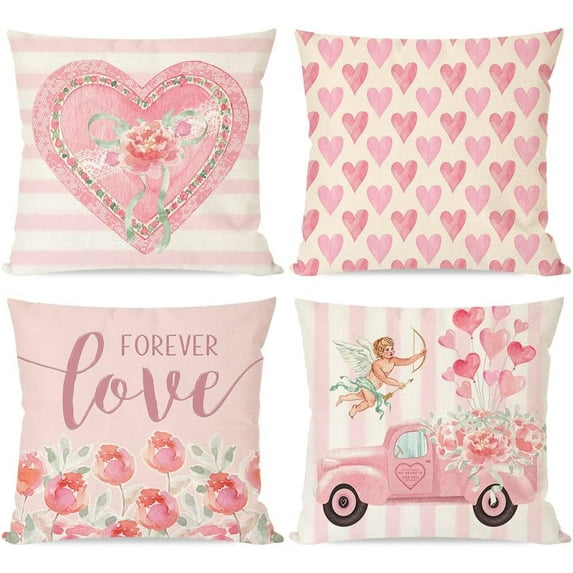 Valentines Pillow Covers 18X18 Inch Set of 4 Ruffled Heart Love Stamp Cupid Rose Pink Valentines Day Decorations Outdoor Cottagecore Decorative Throw Pillow Cases for Couch Home Decor