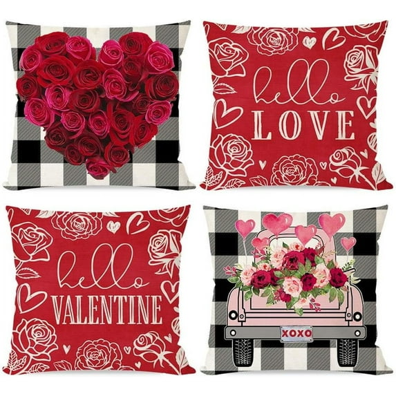 Valentines Pillow Covers 18X18 Set of 4 Rose Heart Truck Floral Black Buffalo Plaid Outdoor Farmhouse Valentines Day Decor Red Decorative Throw Pillow Cushion Case Decorations for Home Couch