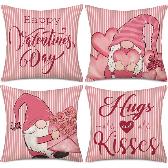 Valentines Pillow Covers 18x18 Inch Set of 4 Valentines Day Decor Pink Love Rose Heart Gnomes Hugs and es Happy Valentine Pillows Decorative Throw Pillows Holiday Home Decorations