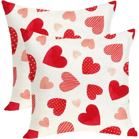 Valentines Pillow Covers 18x18 Pack of 2 Red Love Heart Throw Pillow Covers Decoration,Wedding Valentine''s Day Mother''s Day Anniversary Farmhouse Linen Cushion Case Decor for Home Sofa Couch