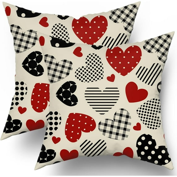 Valentines Pillow Covers 18x18 Set of 2 Red Black Buffalo Plaid Polka Dot Stripes Love Heart Print Decorative Throw Pillows Rustic Valentine Day Themed Pillow Cases Decor for Couch Sofa Bed