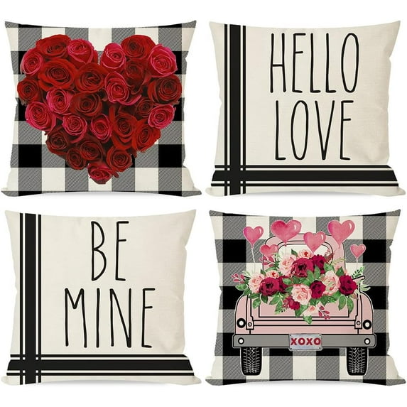 Valentines Pillow Covers 18x18 Set of 4, Valentines Day Pillow Covers Valentine Day Decoration, Black Buffalo Plaid Check Pink Truck Flower Red Rose Heart Decor Throw Pillows
