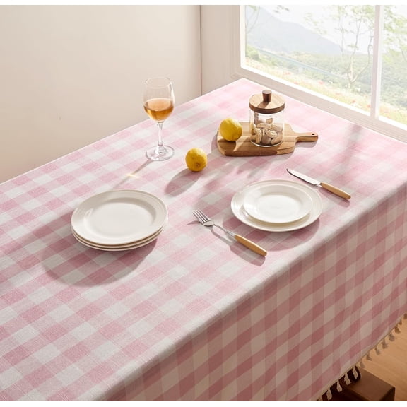 Valentines Pink Gingham Tablecloth Rectangle, Outdoor Linen Cotton Checkered Table Cloth with Tassel, Heavy Duty Wrinkle Free Plaid Table Cover for Easter Dining Spring Party - 55 x 102 Inch