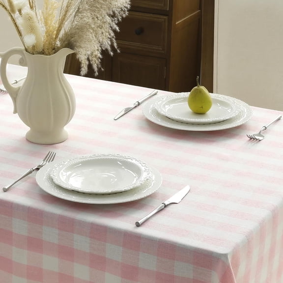 Valentines Pink Gingham Tablecloth Rectangle, Waterproof Heavy Duty Linen Cotton Checkered Table Cloth with Tassel, Wrinkle Free Plaid Table Cover for Spring Easter Outdoor - 55 x 102 Inch