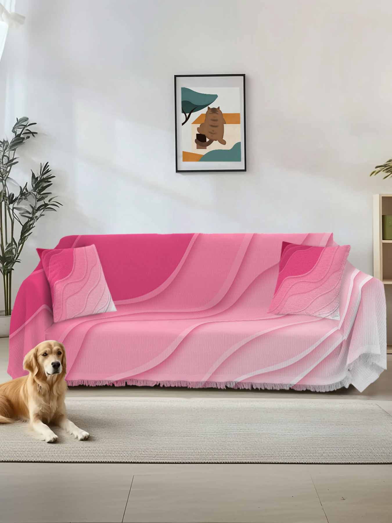 Valentines Pink Ombre Couch Cover, Modern Geometric Abstract Aesthetic Cream Oversized Sofa Cover Blanket for 3 Cushion Couch, Sectional Sofa Slipcover Protector for Living Room Bedroom 71''x150''