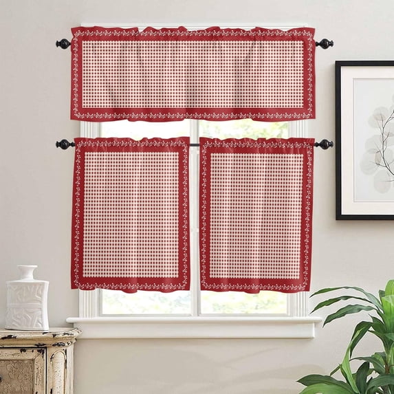 Valentines Pink Plaid 3 PCS Kitchen Curtain Valance and Tiers Set,Rod Pocket Small Half Tier Valances Window Curtains Panel,Red Valentines Day Holiday Spring Leaves 55"x24" (Set of 2 Tiers & Valance)