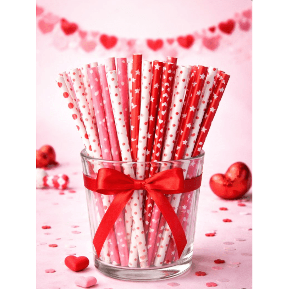 Valentines Pink Red White Assorted Paper Straws 25 per pack