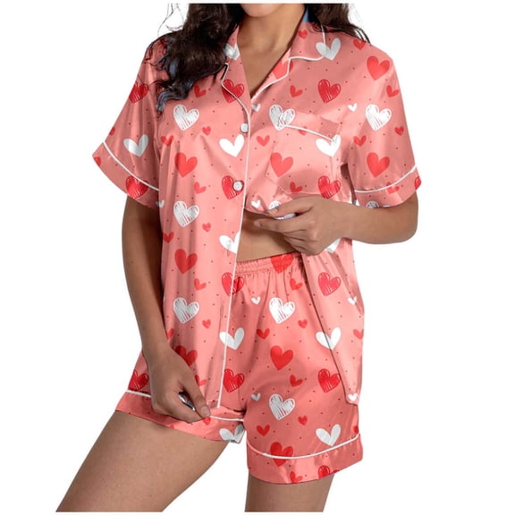Valentines Pjs Women 2 Piece Silk Short Sleeve Heart Print Tops And Shorts Button Up Loungewear Love Couple Date Festive Gifts Valentines Lounge Set