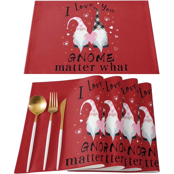 Valentines Placemats 4pcs Hearts Pattern Gnomes Couple Table Mats for Dining Table I Love You Red Table Mats Cotton and Linen Washable 12x18in