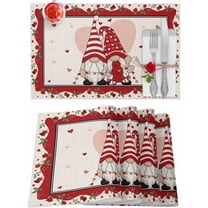 Valentines Placemats Gnome Heart Valentines Day Place Mats for Dining Room Love Roses Red Stripes Washable Table Mats for Kitchen Dining Decorations Set of 6