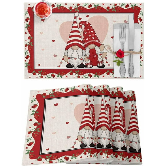Valentines Placemats Gnome Heart Valentines Day Place Mats for Dining Room Love Roses Red Stripes Washable Table Mats for Kitchen Dining Decorations Set of 6