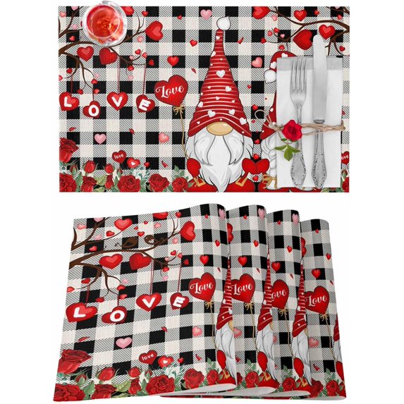 Valentines Placemats Gnome Love Heart Heart Balloon Valentines Day Place Mats for Dining Room Black Bufallo Plaid Washable Table Mats for Kitchen Dining Decorations Set of 6