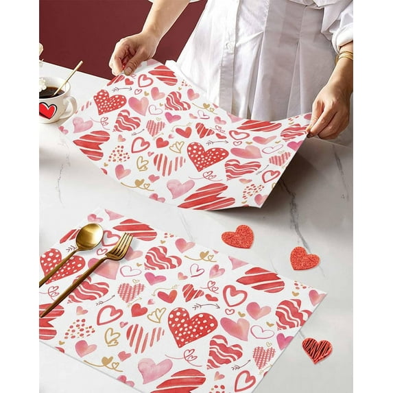 Valentines Placemats Heart Pink Red Valentines Day Place Mats for Dining Room Watercolor Romantic Love Heart Washable Table Mats for Kitchen Dining Decorations Set of 6
