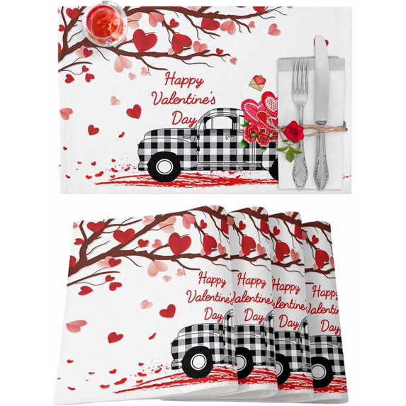 Valentines Placemats Love Heart Leaf Tree Branch Valentines Day Place Mats for Dining Room Truck Roses Washable Table Mats for Kitchen Dining Decorations Set of 6