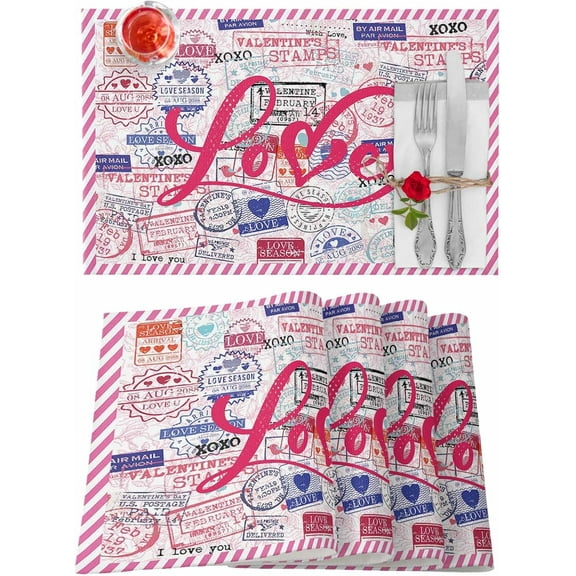 Valentines Placemats Love Heart Valentines Day Place Mats for Dining Room Vintage Postmark Abstract Stamp Washable Table Mats for Kitchen Dining Decorations Set of 4