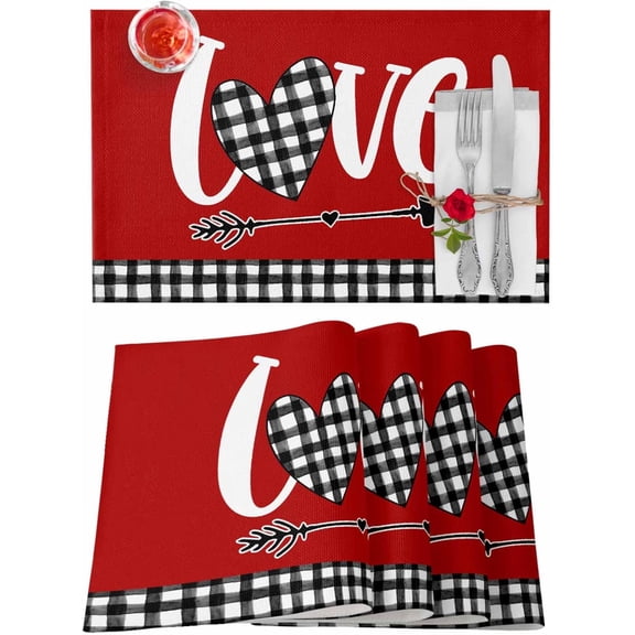 Valentines Placemats Love Heart Valentines Day Place Mats for Dining Room Plaid Washable Table Mats for Kitchen Dining Decorations Set of 6