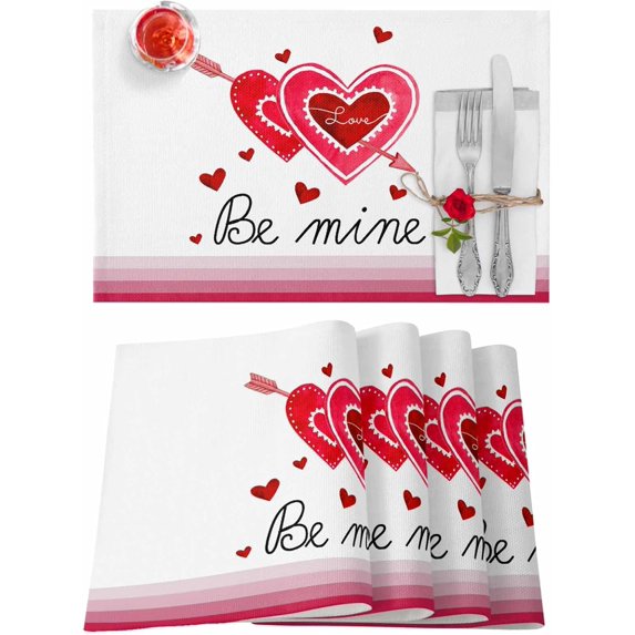 Valentines Placemats Love Heart Valentines Day Place Mats for Dining Room Red Pink Stripe Washable Table Mats for Kitchen Dining Decorations Set of 6