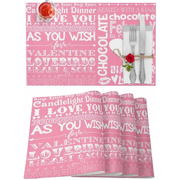 Valentines Placemats Love Letters Valentines Day Place Mats for Dining Room Heart Lips Pink Washable Table Mats for Kitchen Dining Decorations Set of 6