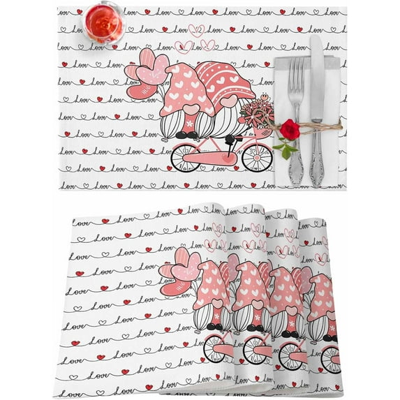 Valentines Placemats Pink Gnome Love Heart Valentines Day Place Mats for Dining Room Bike Balloon Flower Stripe Washable Table Mats for Kitchen Dining Decorations Set of 6