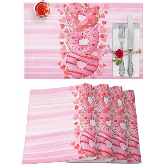 Valentines Placemats Pink Love Heart Donut Valentines Day Place Mats for Dining Room Red White Washable Table Mats for Kitchen Dining Decorations Set of 4