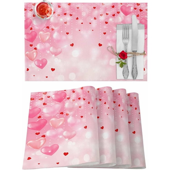 Valentines Placemats Pink Red Heart Valentines Day Place Mats for Dining Room Love Heart Washable Table Mats for Kitchen Dining Decorations Set of 4