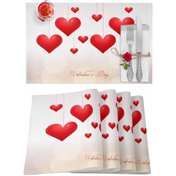 Valentines Placemats Red Love Heart Valentines Day Place Mats for Dining Room Romantic Sweet Washable Table Mats for Kitchen Dining Decorations Set of 6