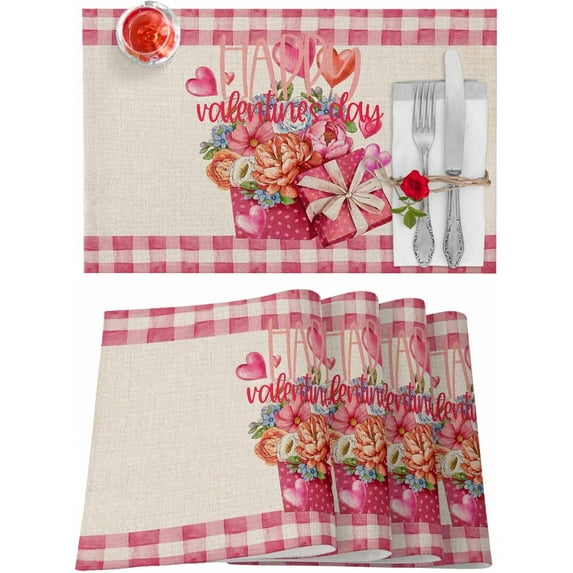 Valentines Placemats Red Pink Love Heart Valentines Day Place Mats for Dining Room Flower Floral Buffalo Plaid Washable Table Mats for Kitchen Dining Decorations Set of 6