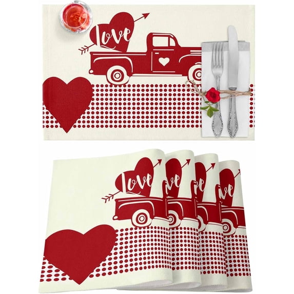 Valentines Placemats Red Truck with Heart Arrow Valentines Day Place Mats for Dining Room Polka Dot Wood Grain Washable Table Mats for Kitchen Dining Decorations Set of 6