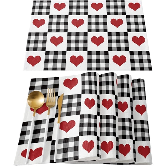 Valentines Placemats Set of 4 Red Love Hearts Table Mats, Black and White Buffalo Check Plaid Table Decoration for Kitchen Dining Table Stain Resistant Heat Insulation Non-Slip Washable Farm Vintage