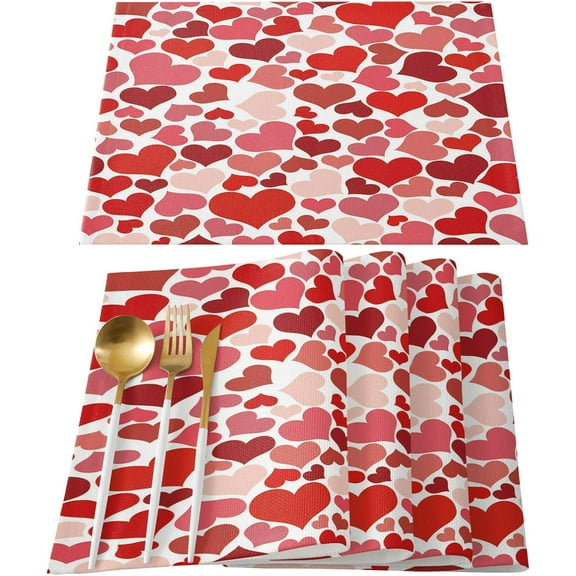 Valentines Placemats Set of 6 Heart Shapes Table Mats, Red Pink Placemats Valentines Day Table Decoration for Kitchen Dining Table, Heat Insulation Non-Slip Washable Placemat