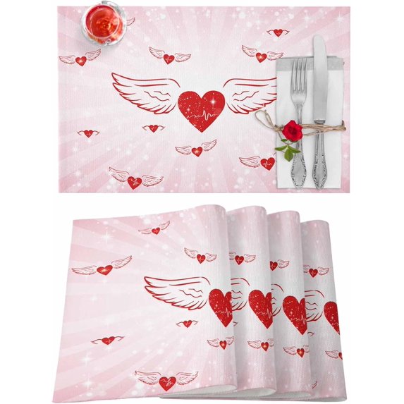 Valentines Placemats Wing Heart Valentines Day Place Mats for Dining Room Pink Red Heart with Angel Wing Washable Table Mats for Kitchen Dining Decorations Set of 6