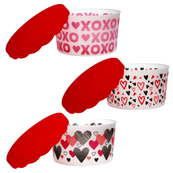 Valentines Plastic Tubs with Scallop Lids Round Food Container for Snack Cookies Candies Gift Canister Jar Storage Bucket Party Favor Home Kitchen Cabinet Organizer Valentines Day Decoration, 3 count