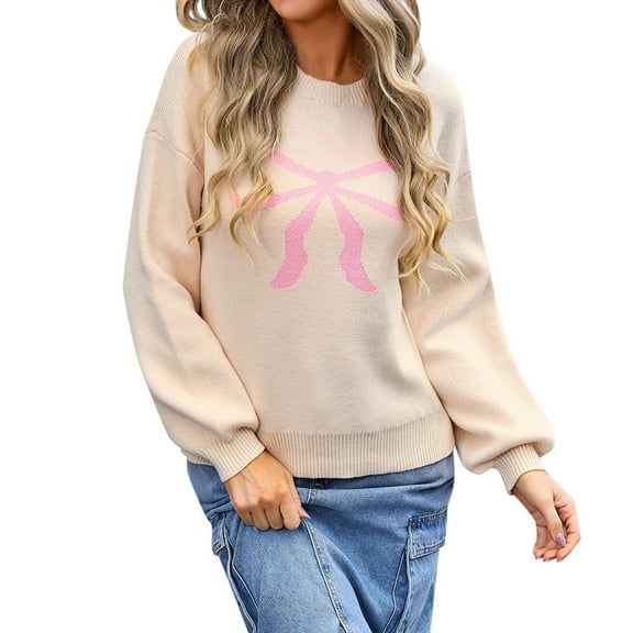 Valentines Plus Size Womens Knit Sweater with Bow Detail Long Sleeve Crewneck Pullover Loose Fit Top for Fall Winter Cozy Comfort Beige M