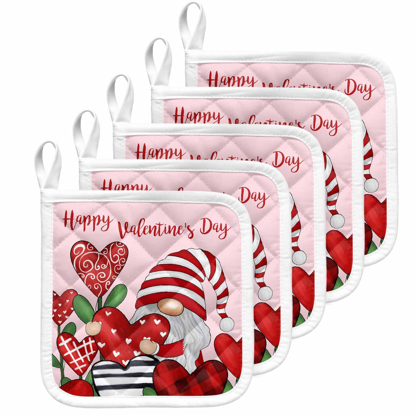 Valentines Pot Holders for Kitchen Heatproof Potholder, 5 Pack Red Love Heart Botanical Gnomes Pink Hot Pads Multipurpose Oven Pads Cloth Potholders Trivet for Cooking Baking