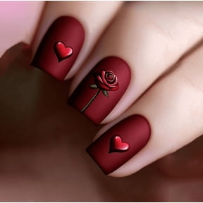 Valentines Press on Nails Medium Square Fake Nails Matte Red Heart Nails Press on with Love Heart Rose Design Artificial Glue on Nail Full Cover Holiday Acrylic Stick on Nail for Women 24Pcs