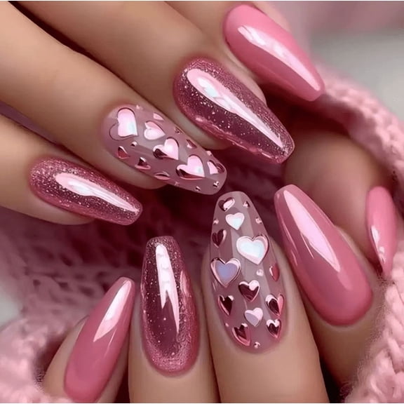 Valentines Press on Nails Red Fake Nails with Heart Flower designs Stick on Nails Full Cover Medium Length False Nails Coffin Shape Artificial Nails Gel Glue on Nails for Women Valentine's Day Nails