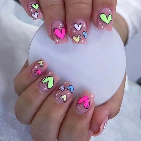 Valentines Press Nails Square Short Nails Valentines Matte False Nails With Colorful Love Heart Designs Full Cover Stick Romantic Artificial for Women 24 count price history and forecast - Generic