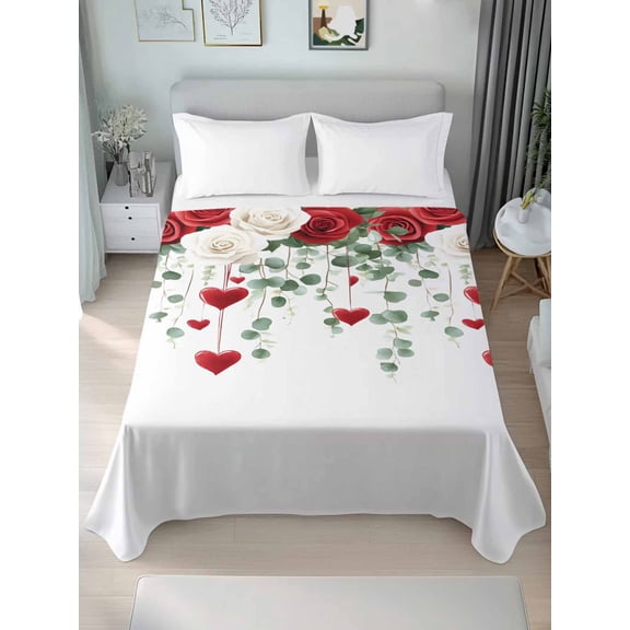 Valentines Queen Size Flat Sheet, Wrinkleproof & Fadeproof Cooling Flat Bed Sheet Only, Love Heart Spring Floral Botanical Breathable Soft Bedding Top Sheets 90 x 102 Inches