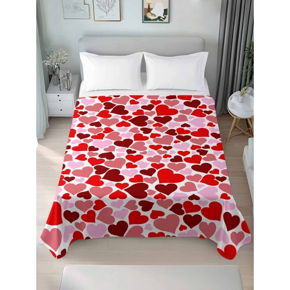 Valentines Queen Size Flat Sheet, Wrinkleproof & Fadeproof Cooling Flat Bed Sheet Only, Red Pink Love Heart Breathable Soft Bedding Top Sheets 90 x 102 Inches