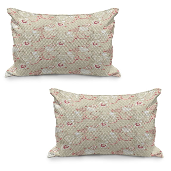 Valentines Quilted Pillowcover Set of 2, Doodle Style Abstract Heart Shapes with Love and Affection Theme, Standard Queen Size Pillow Cover for Bedroom, 36" x 20", Beige Dark Coral White, by Ambesonne