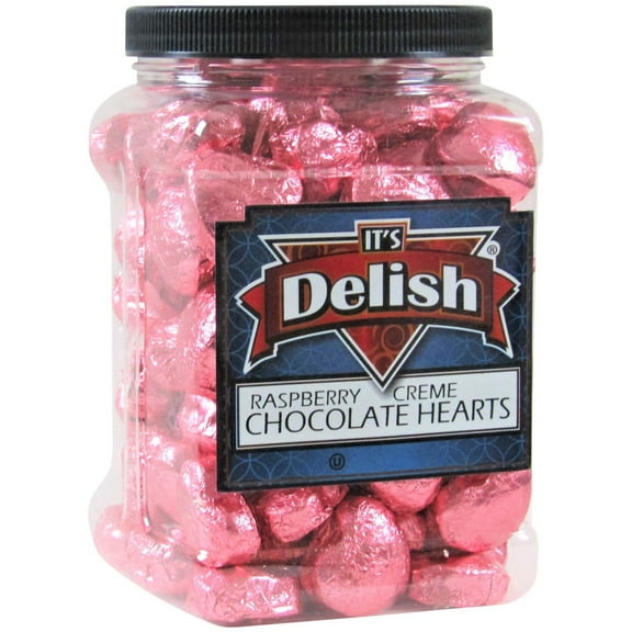 Valentines Raspberry Crme Filled Chocolates Hearts in Pink Foil by It's Delish, 2.5 LB Bulk Jumbo Container - Great Valentines Day Gift - Events Family Parties Anniversary - Kosher Non-Dairy